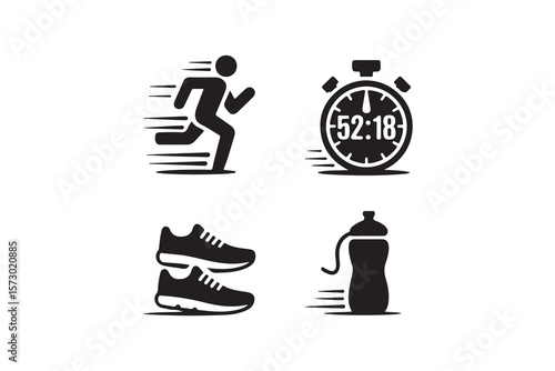 Running, Stopwatch, Shoes & Water Bottle - Fitness Icons.This black and white graphic design features essential fitness elements: a runner, stopwatch, running shoes, and water bottle.