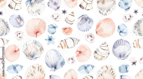 Shells watercolor, Watercolor background pattern different shells on white background