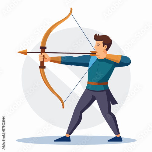 Archer Aiming Arrow with Bow Ready to Shoot with Blue Tunic and Background in Vector Illustration with Pixel Art Style