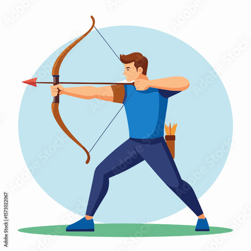 Archer Aiming with Bow and Arrow in Blue Outfit Against Light Blue Circle Background Demonstrating Precision and Focus