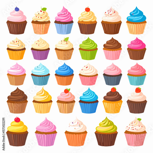 Assorted Colorful Cupcakes with Frosting Arrayed on White Background Pixelated Style