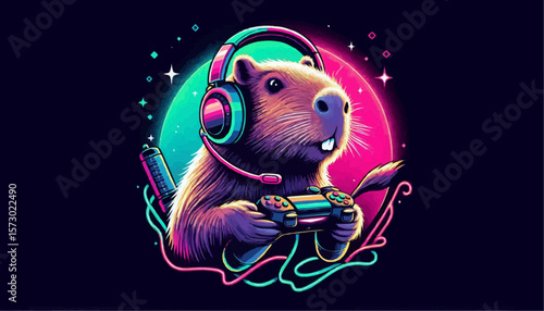 A capybara wearing a headset and holding a gaming controller 