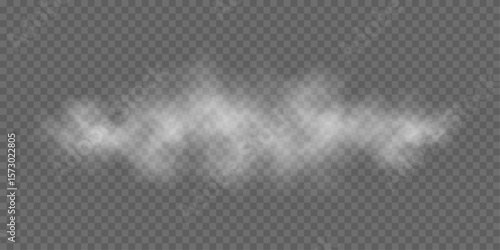 Realistic white soft fog or light smoke effect on a transparent background. Misty atmosphere element for overlaying on images, dramatic scenes or cinematic visual effects. Vector illustration.