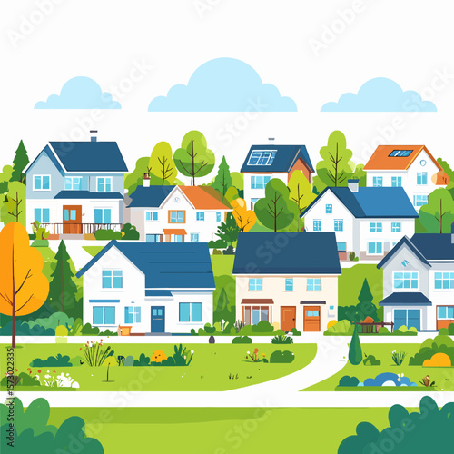 Cartoon Style Neighborhood with Colorful Houses and Green Landscape Under Cloudy Blue Sky