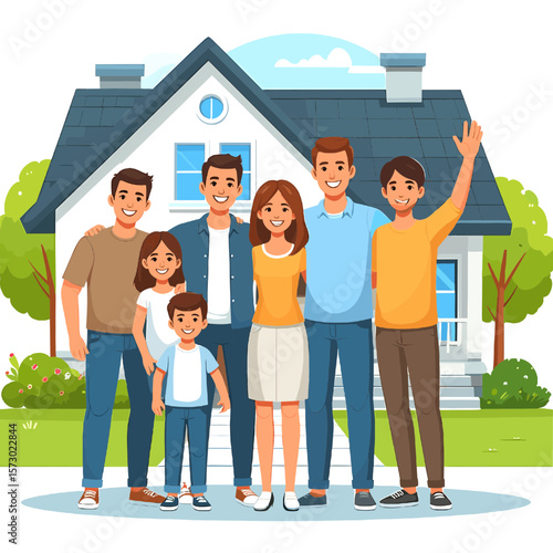 Cartoon Style Portrait of a Large Family Standing in Front of a Two Story White House with a Dark Gray Roof on a Green Lawn Under a Blue Sky