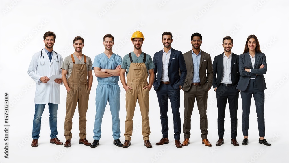Obraz premium Diverse team of professionals from various industries standing confidently on isolated white background