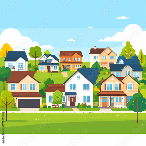 Colorful Pixel Art Illustration of a Suburban Neighborhood Featuring Various Houses on a Green Landscape Under a Bright Sky