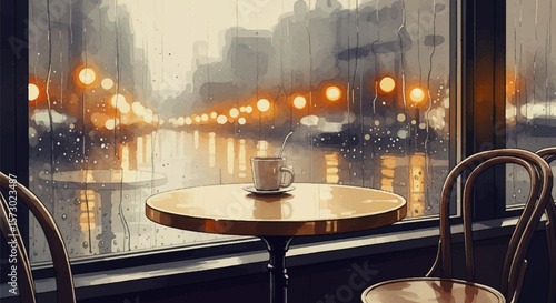Rainy Café Evening – Intimate Watercolor Scene of Stillness and Reflection