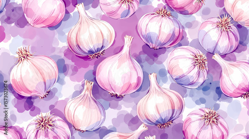 Garlic harvest watercolor seamless pattern. Many vegetable bulbs repeat background. Hand drawn realistic kitchen food backdrop in beige colors for spice recipes, cookbooks and cooking designs