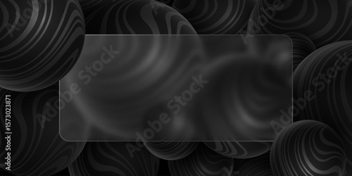 Glass morphism concept featuring empty semi transparent frosted glass surrounded by glossy 3D spheres textured with striped wavy pattern. Abstract background for UI design. Vector illustration.