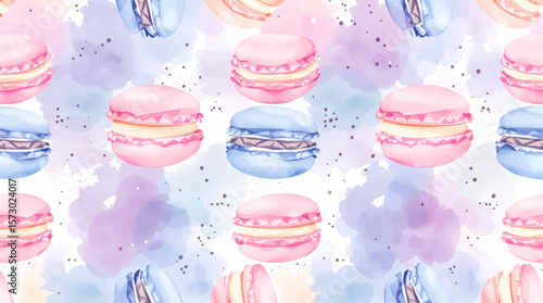 Donuts seamless pattern. Watercolor doughnuts. Chocolate, pink, green, white donuts. Pattern for a kitchen, textile.