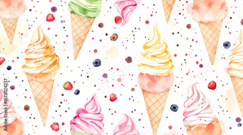 Watercolor pattern ice cream white background	