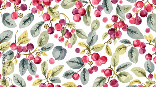 Watercolor seamless pattern with cherries on white background. Hand drawn illustration. Background for fabric textile, banners, wallpapers, print