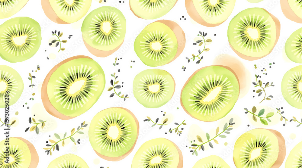 Fototapeta premium Watercolor background pattern kiwi on white background 