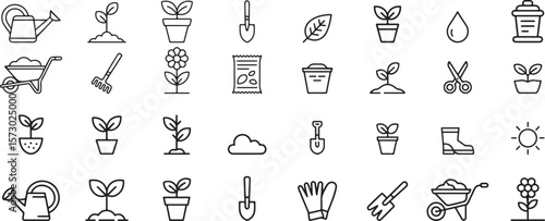 Gardening tools and plants icons watering can shovel