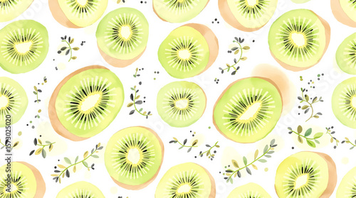 Watercolor background pattern kiwi on white background	
