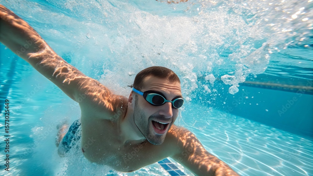 Naklejka premium Single European man wearing swimming equipment captured dive into a modern swimming pool with crystal-clear blue water - showcasing motion, energy, and the refreshing allure of summer leisure