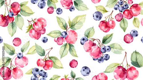 A seamless raspberry and blackberry pattern on white background.
