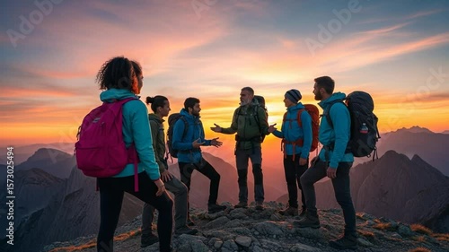 Hikers Resting on Mountain Peak at Sunset Scenic View