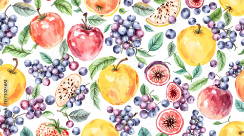 A seamless raspberry and blackberry pattern on white background.
