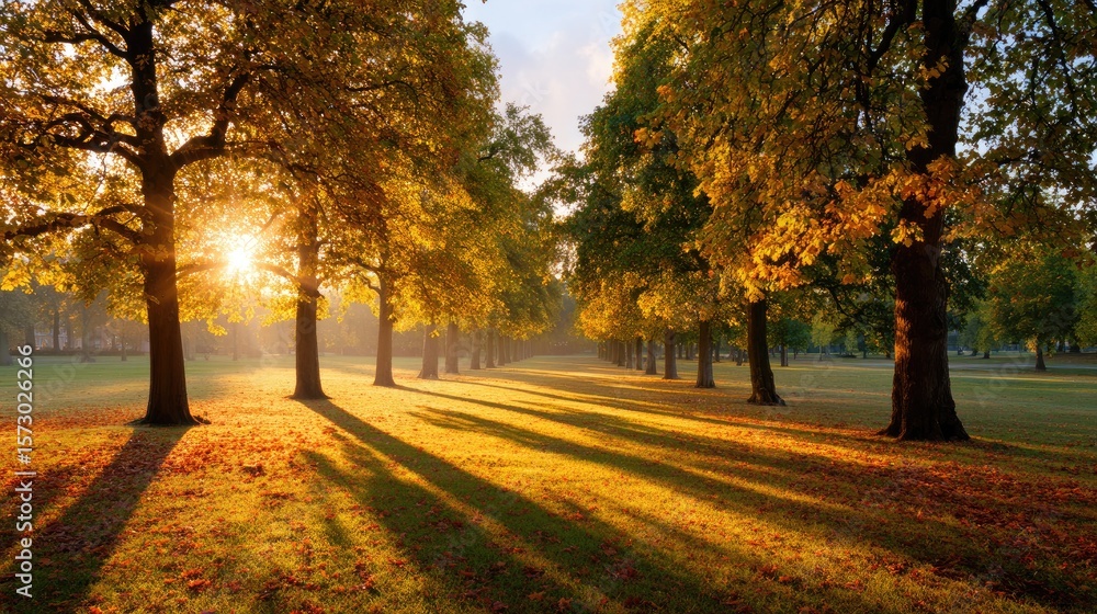 Naklejka premium Serene Autumn Landscape with Sunlight Filtering Through Trees