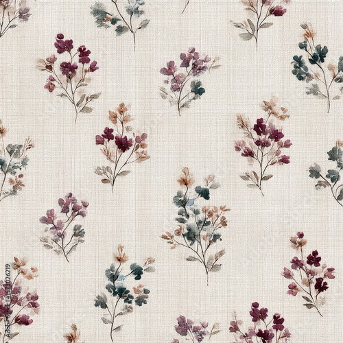 Seamless Pattern of Tiny Watercolor Blossoms and Vine Design on Light Background for Fabric or Wallpaper Use