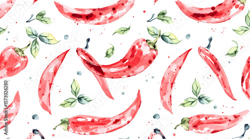 Watercolor pattern red pepper on white background	
