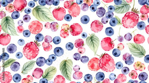 Watercolor hand drawn berries seamless pattern. Painted isolated fruit illustration on white background