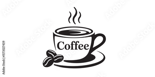 A graphic of a cup of coffee with steam and coffee beans in black and white vector illustration style