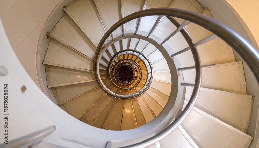 Fototapeta premium Spiral staircase viewed from above, showcasing elegant design and soft lighting effects