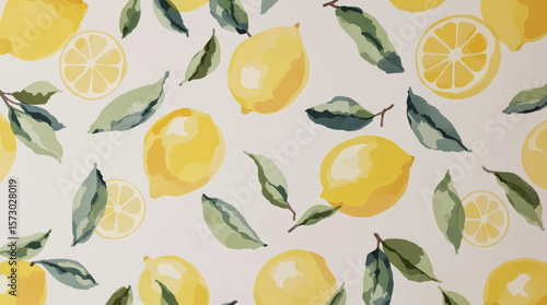 Lemon seamless border fruit illustration, cute citrus watercolor digital file on a white background close up	