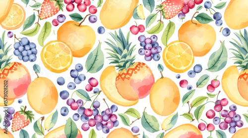 Seamless pattern of fresh fruits and vegetables on a white background