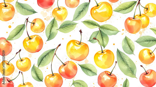 Watercolor pattern cherries are yellow