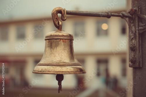 A photograph of a school bell, brassy and vintage, against a blurred background of a school building, nostalgic signal for class.
