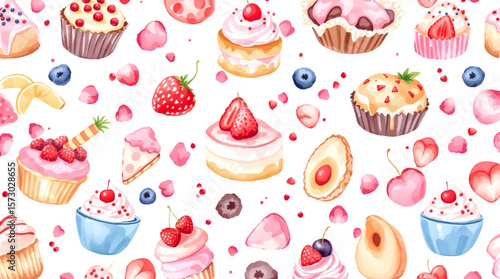Watercolor Sweet desserts pattern on white background	