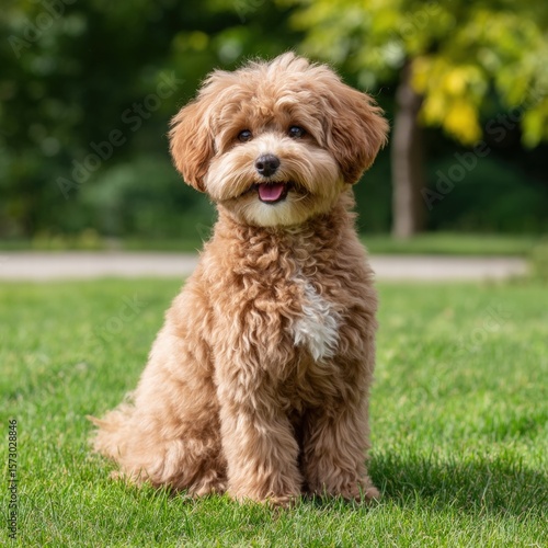 Small fluffy brown dog sitting in lush green grass surrounded by nature on a bright and sunny day