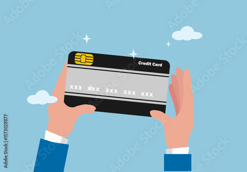 Hands holding black credit card illustration for luxury finance, premium banking, secure digital transactions, and cashless payment concept