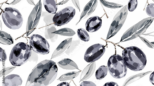 Watercolor pattern olives on white background	