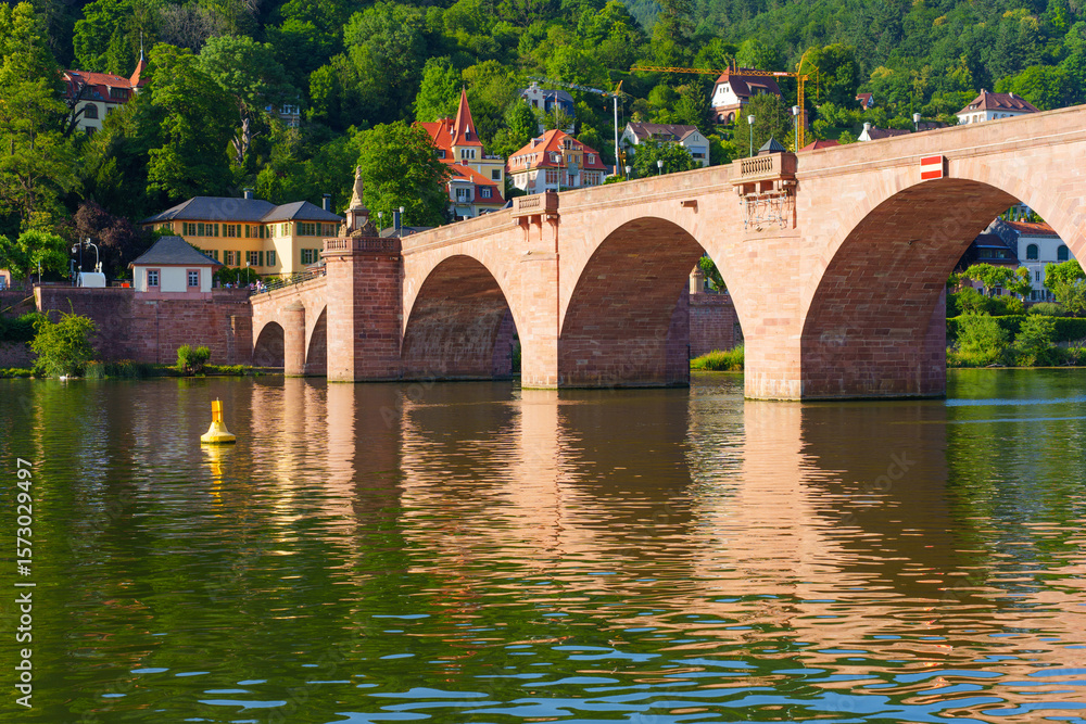 Obraz premium Historic Old Bridge Over the Neckar River and Architecture in Heidelberg Germany