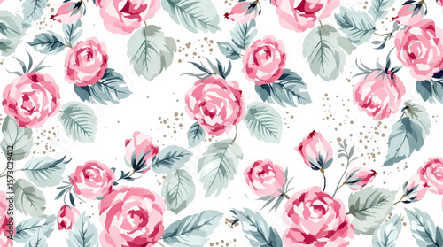 Watercolor pattern red rose flowers white background	