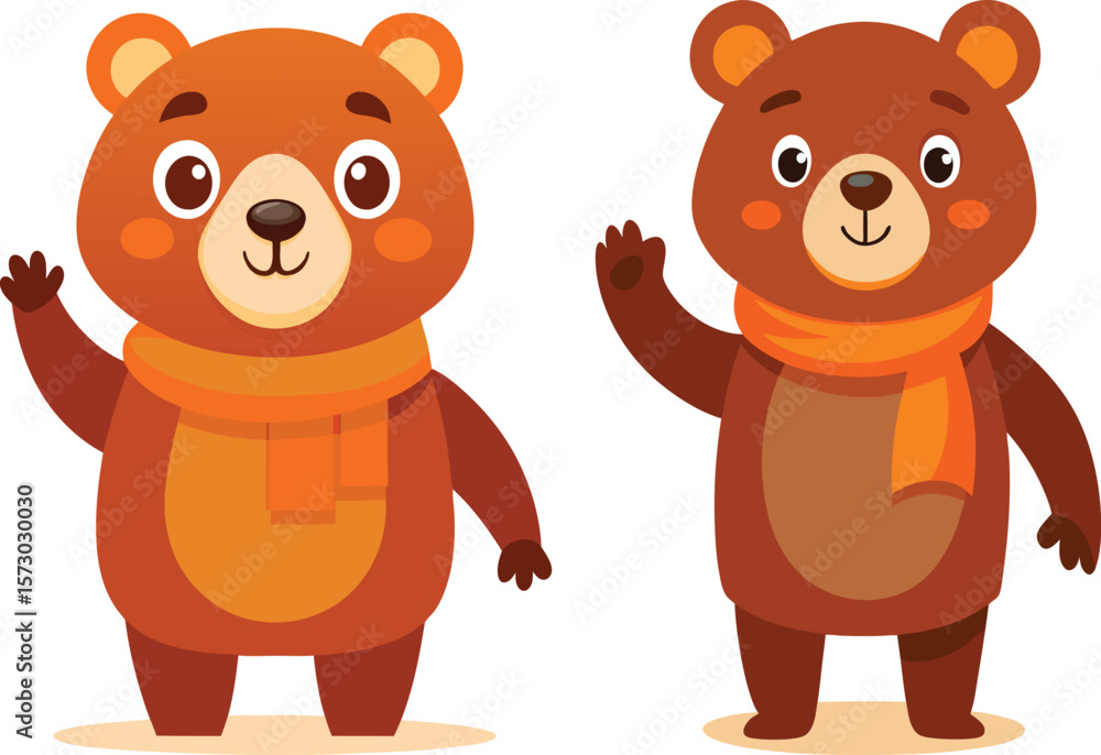 Fototapeta premium Two cute brown bears waving hello wearing orange scarves