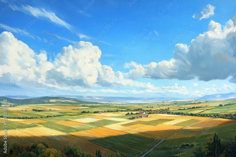 Obraz premium Vibrant aerial view of farmland under a clear blue sky showcasing lush fields and scattered clouds, Aerial view, under blue sky, beautiful farmland scenery