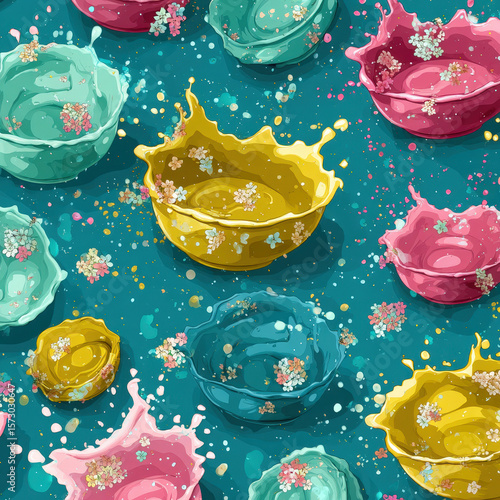 Vibrant Seamless Pattern of Colorful Water Splashes with Floral Elements and Decorative Bowls