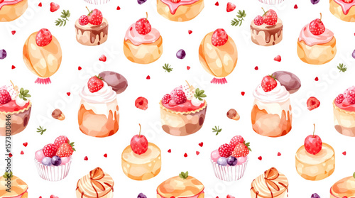 Watercolor Sweet desserts pattern on white background
