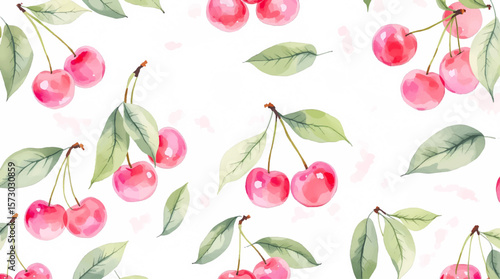 Watercolor background pattern cherries on white background
