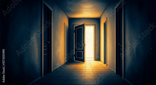 The Open Door – Watercolor Painting of Hope Emerging from the Gloom