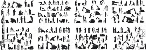 Construction Crew Silhouette Collection Diverse Array of Workers and Heavy Equipment Black and White Construction Site Visuals