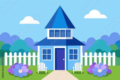 A charming cartoon house illustration nestled in a summer landscape with trees and a bright sky, perfect for urban or village design