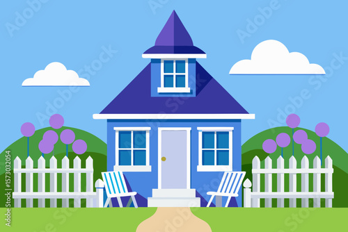 Cartoon vector illustration of a charming village house with a garden, fence, and trees under a summer sky