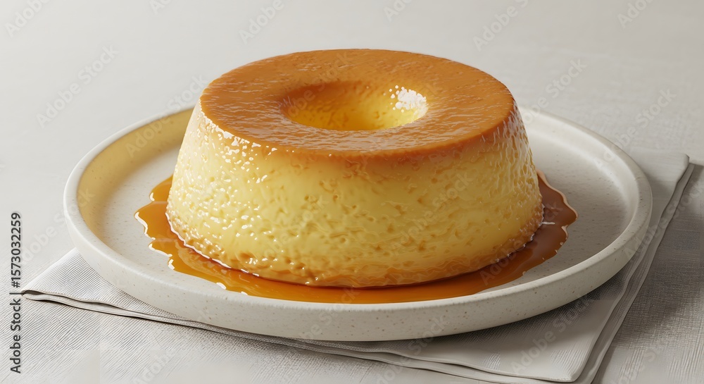Low-angle close-up highlights a round pudding with a sheen, a ceramic plate rests on a neutral linen napkin Low-angle close-up highlights a round pudding with a sheen, a ceramic plate rests on a neutral linen napkin